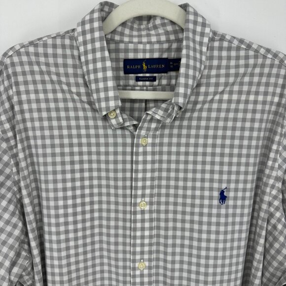 Ralph Lauren Gingham Plaid Button Down Dress Shirt Classic Fit Check Gray White - Picture 6 of 8